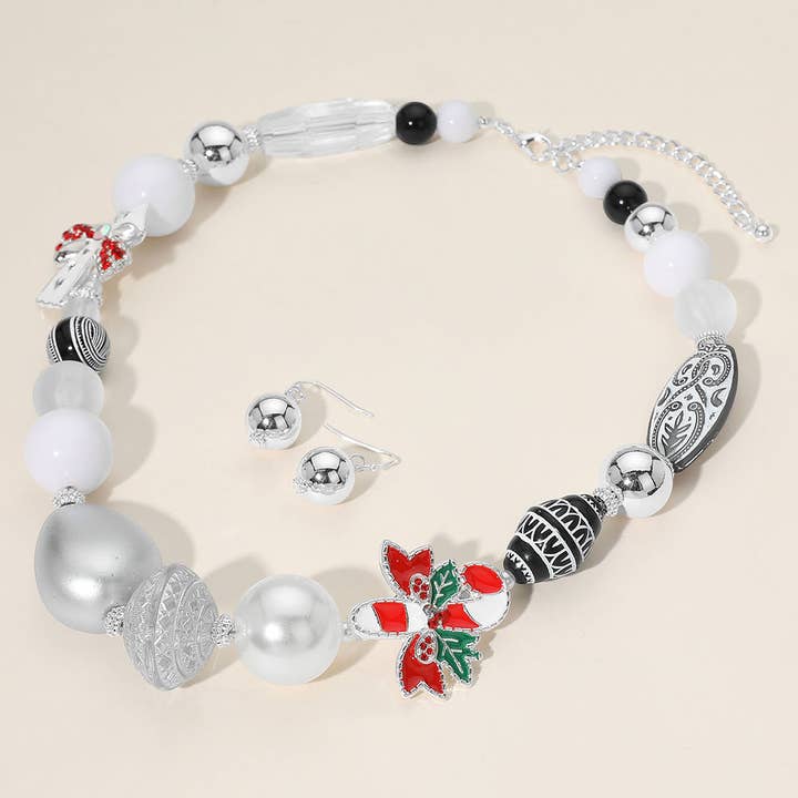 Stone Detailed Enamel Christmas Bow Candy Cane Charm Peal Engraved Beaded Necklace for wholesale by Sensibling Corp.