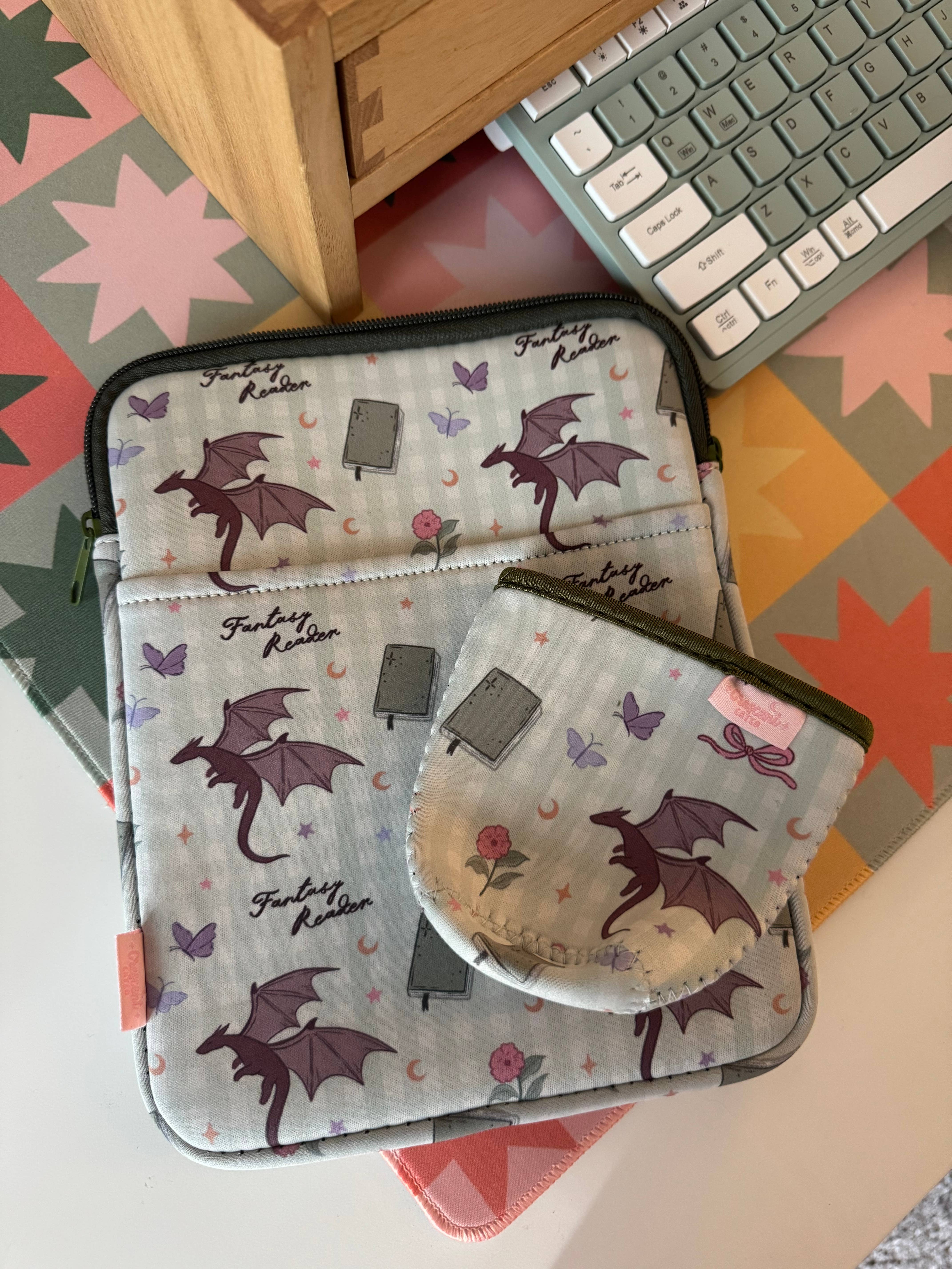 CrescentCatCo - Wholesale Pouch - Women's - Fantasy Reader Gingham Dragon Book & Kindle Sleeve Pouch 6