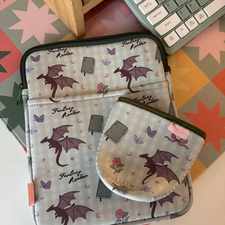 CrescentCatCo - Wholesale Pouch - Women's - Fantasy Reader Gingham Dragon Book & Kindle Sleeve Pouch 6