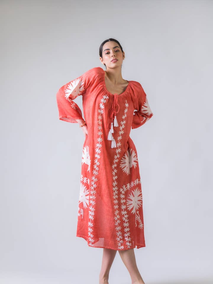 Rhea Flower Pattern Embroidered Long Dress, Casual Wear for wholesale by Rhea