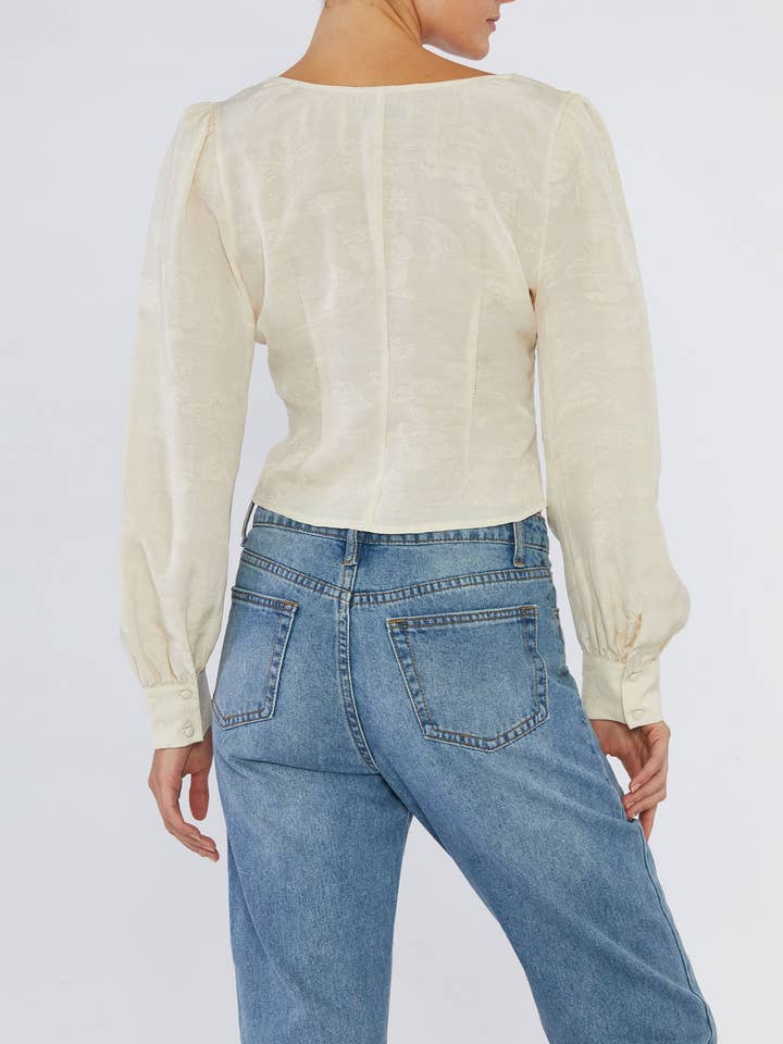 Loren Linen Jacquard V-Neck Top - Crema for wholesale on Faire2