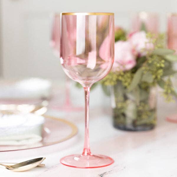 Posh Setting - Wholesale Wine Glass - 12 Oz Pink Gold Rim Plastic Wine Goblets 5 Pack1