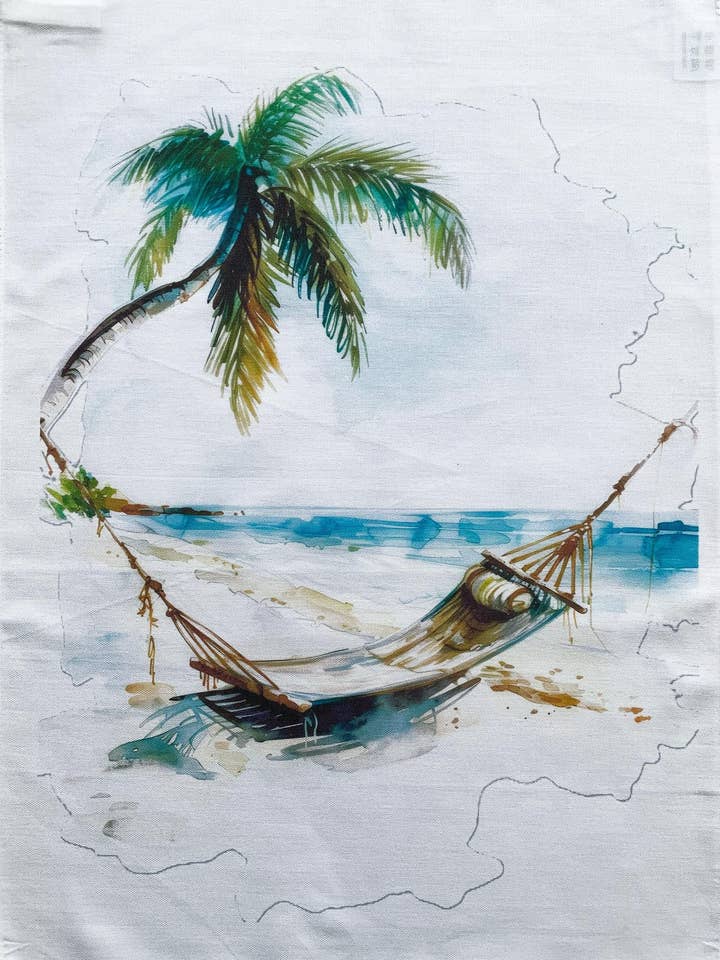 Hammock on the beach large cotton tea towel for wholesale by Half a Donkey