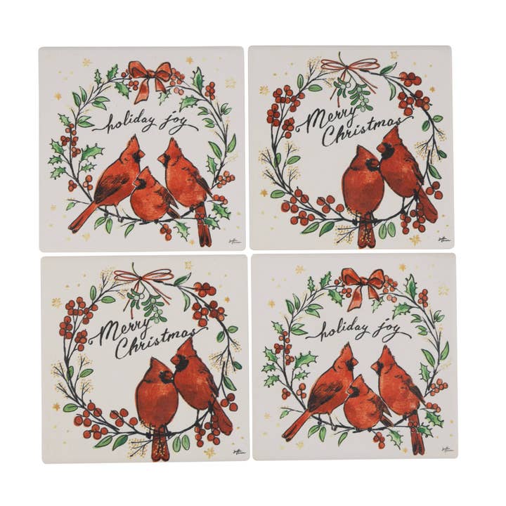 A01072 : Ensemble de 4 sous-verres absorbants, poinsettia, rouges-gorges, 4x4 pouces pour la vente par Silver Tree Home & Holiday