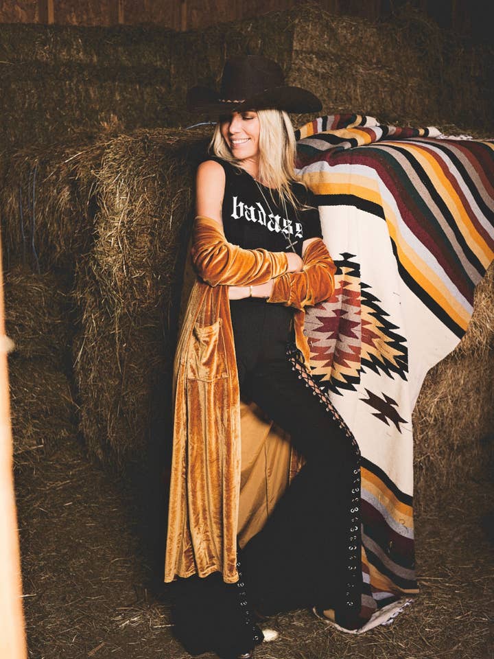 Pretty Attitude Clothing - Wholesale Kimono – Women's - Taken By The Sky Velvet Gold Duster Kimono Gold Yellow Boho 2