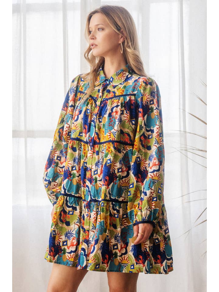 Taupe Multi Conversational Printed Baby Doll Shirt Dress for wholesale on Faire2