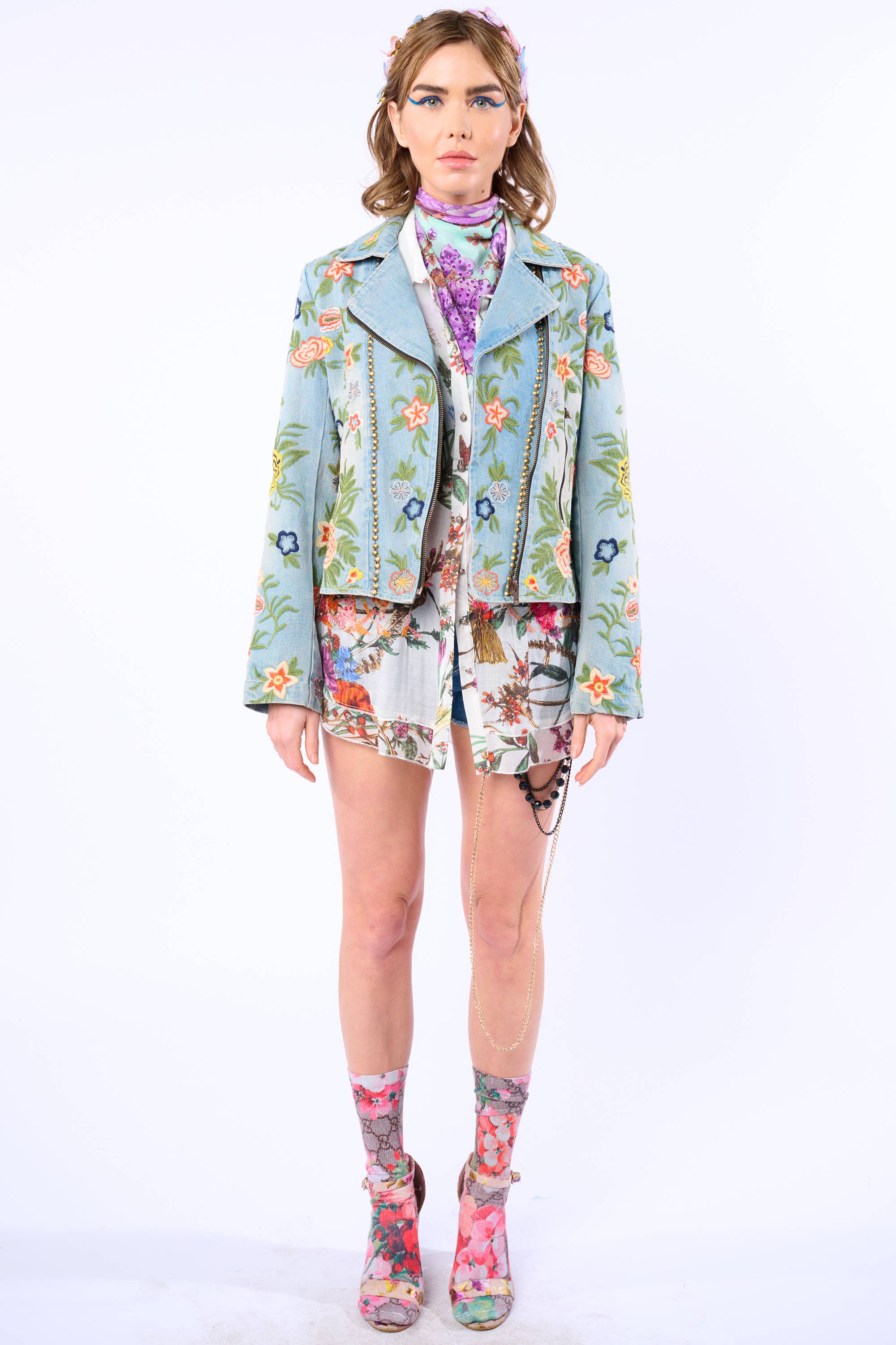 Lucinda Embroidered Denim Motorcycle Jacket for wholesale on Faire20