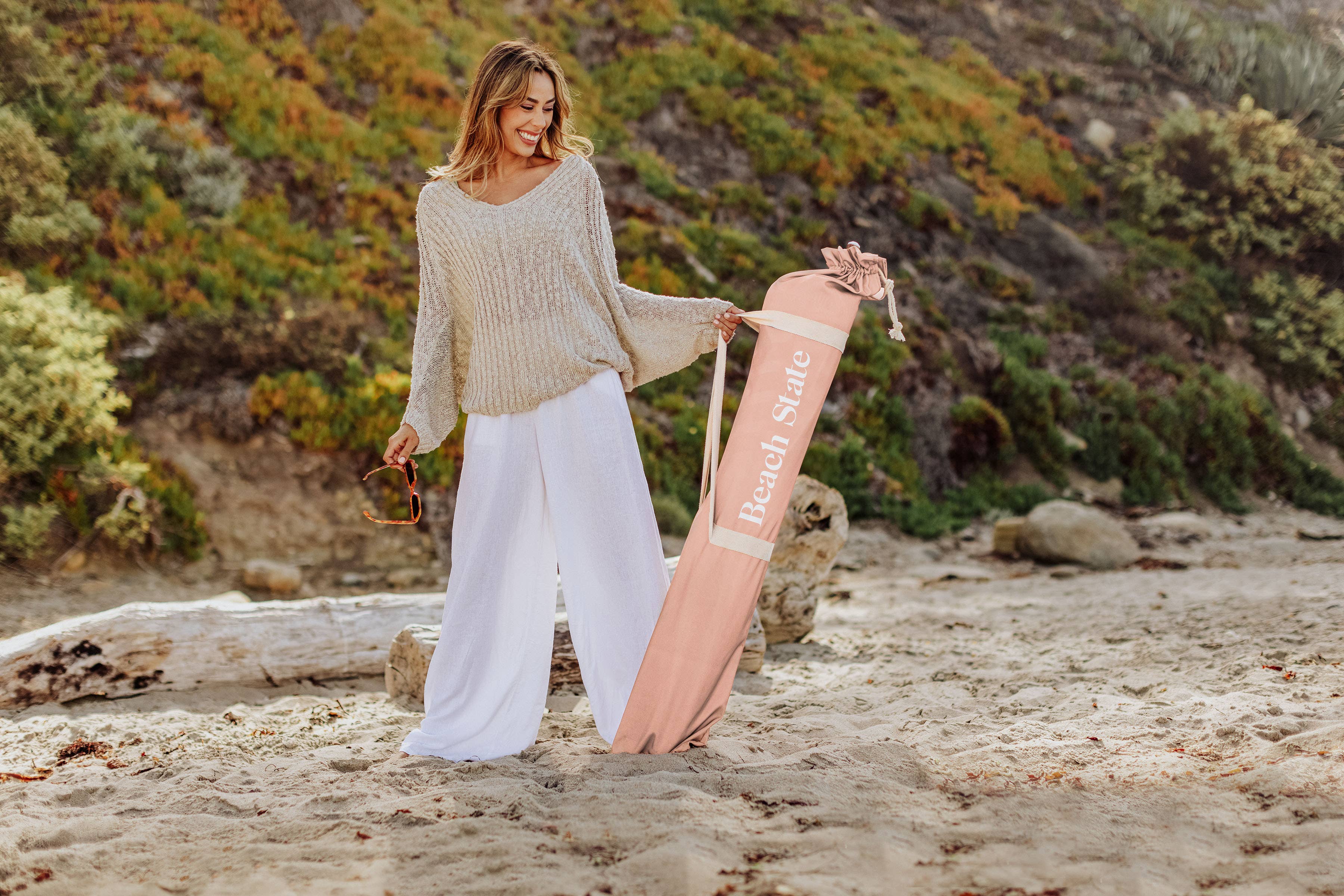 Beach State Summerland Beach Umbrella - Pink Salt Stripe for wholesale on Faire3