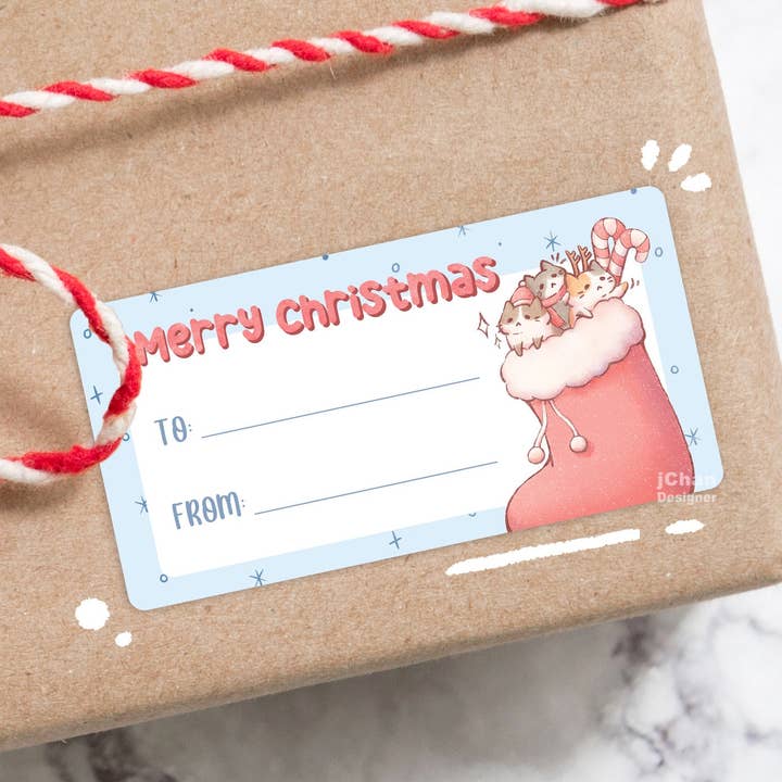 Cute Cat Christmas Sticker Sheet, Kawaii Kitty Xmas Gift Label Sticker, Winter Holiday Animal Gift Tag Sticker, Cat Lover Gift Tag for wholesale by jChan Designer