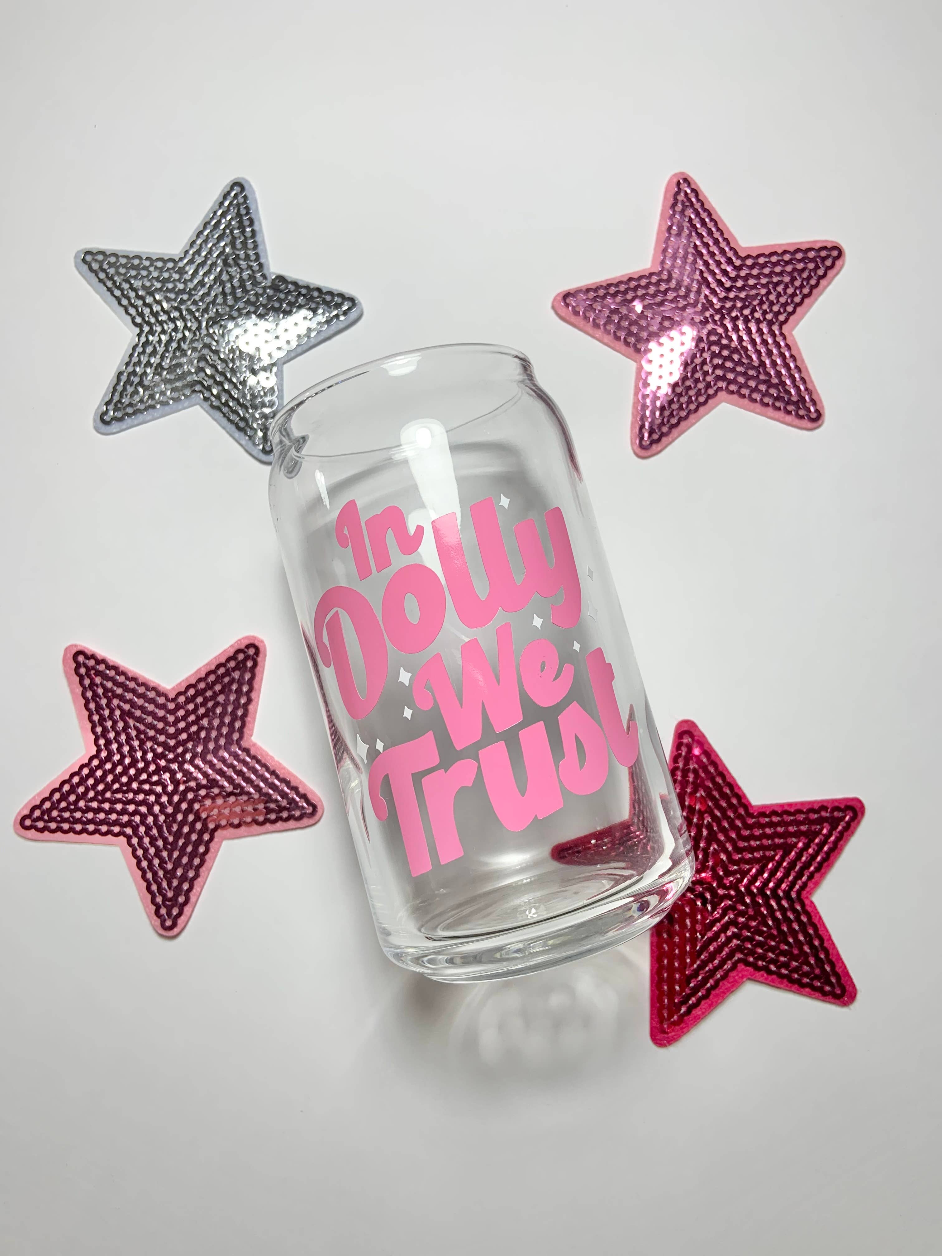 Pink "In Dolly We Trust" 16 oz Glass Cup for wholesale on Faire1