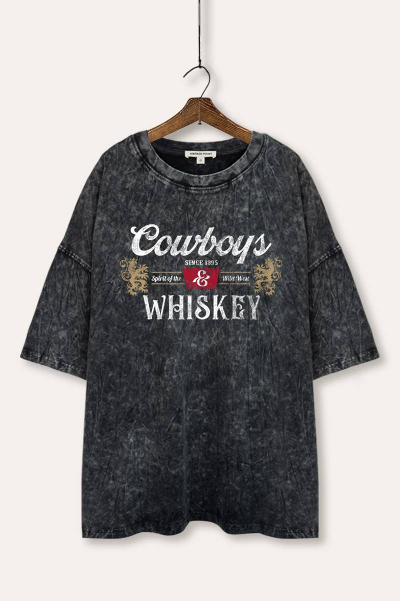 VINTAGE POINT USA - Vendita all'ingrosso Maglietta stampata - Donna - T-shirt oversize con grafica "COWBOYS & WHISKEY" lavaggio minerale1