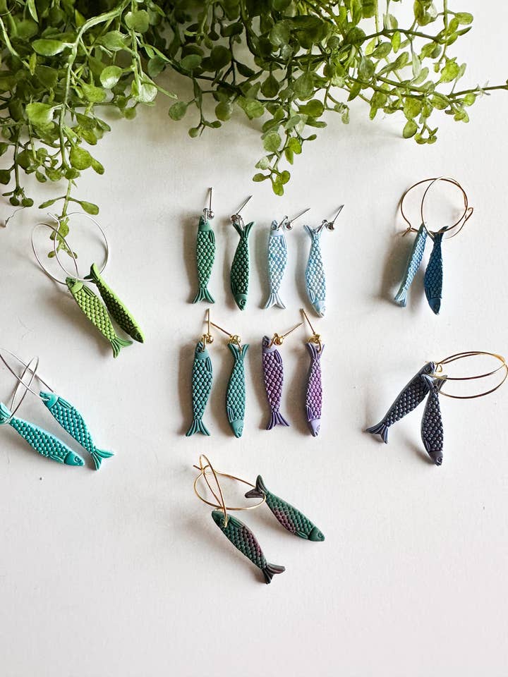 Sardine Clay Statement Fish Nature Earrings #2 for wholesale by Design With Purpose