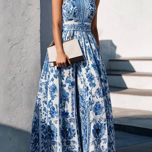 Vestido maxi en línea A con estampado floral y solapa abierta - ajuste holgado para venta al por mayor de UZ Wholesale Store