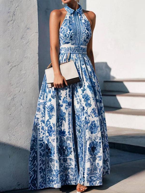 BLUE Floral Print A-Line Maxi Dress with Split Lapel - Loose Fit for wholesale on Faire