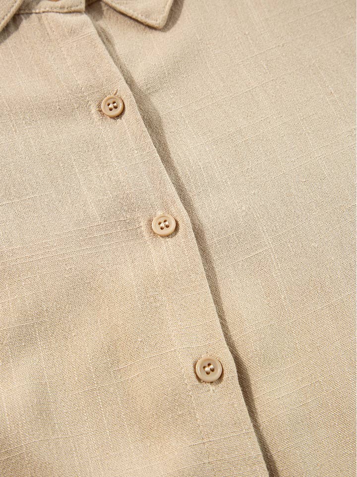 Tan Puff Sleeve Buttoned Tiered Pleated Shirt Mini Dress for wholesale on Faire10