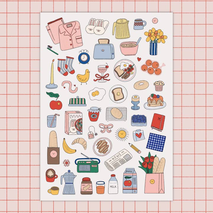 Breakfast Sticker Sheet for wholesale by Hollie Fuller