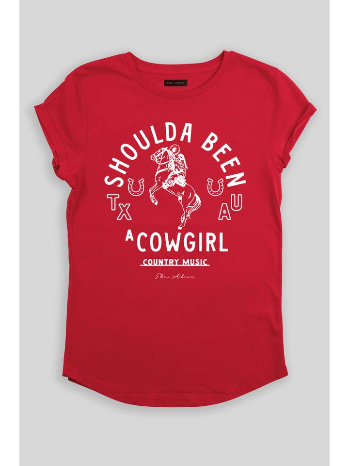 Eden Ashram - Vente T-shirt sérigraphié – femme - T-shirt premium à manches retroussées "Shoulda Been A Cowgirl"
