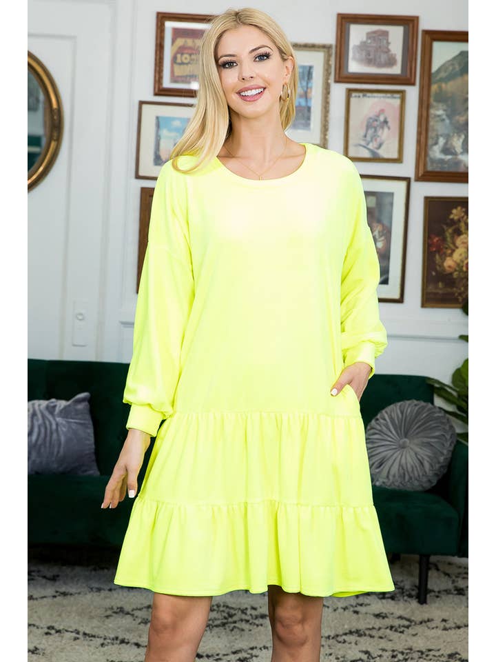 You & Me - Wholesale Dress - Women's - MUD10021-PUFF SLEEVE RUFFLE HEM SOLID DRESS -Fall 20253