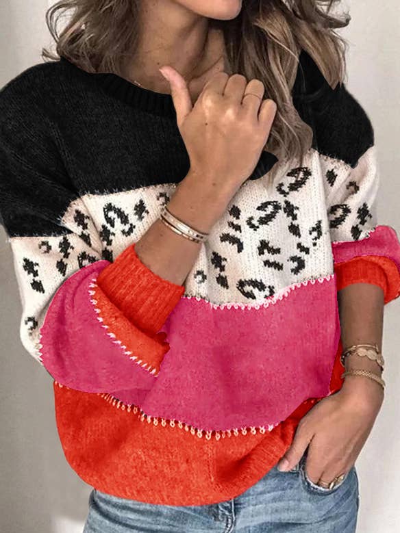 Lily Clothing - Wholesale Knit Sweater - Women's - LEOPARD PRINT PATCHWORK FASHION KNIT PULLOVER9