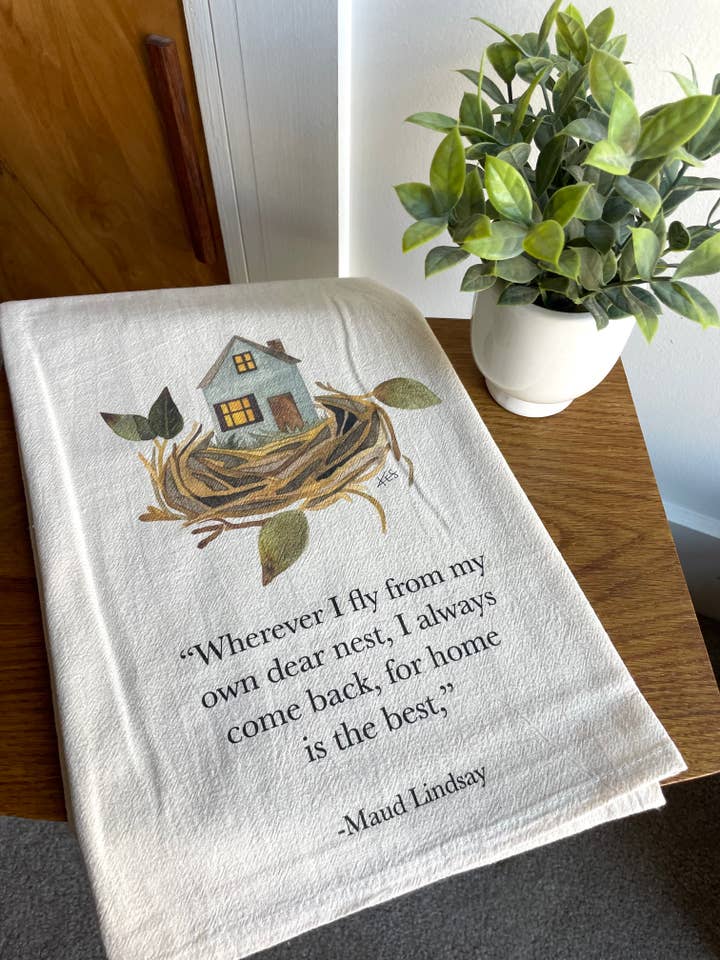 Aquarell Mehlsack Geschirrtuch (Beige) Zuhause ist das beste Nest für den Großhandel von Kristin Schmidt Artist