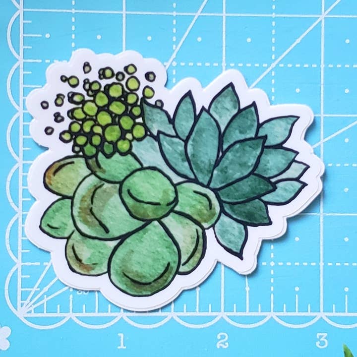 Autocollant en vinyle mat découpé à la forme Green Succulent Bunch 1 pour la vente par Fairytale Fox Designs