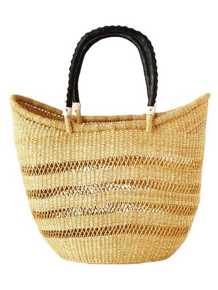 African Natural Open Wave Ghana U-Shopper Beach Tote Bag Basket - Big Rim Black & Tan Handles for wholesale by The African Home Goods