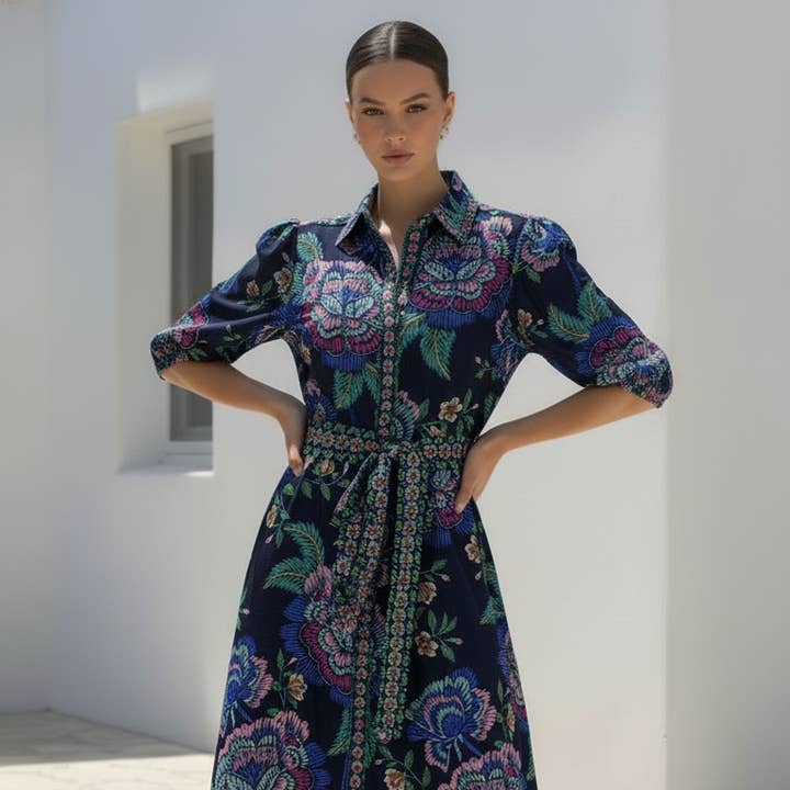 Vestido Camisero Liberty | Azul Marino - Floral para venta al por mayor de Stellino