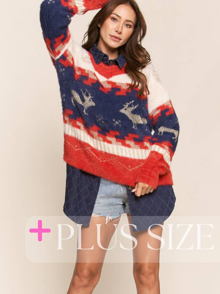 Red PLUS SIZE ~ Reindeer Snowflake Fuzzy Sweater for wholesale on Faire3