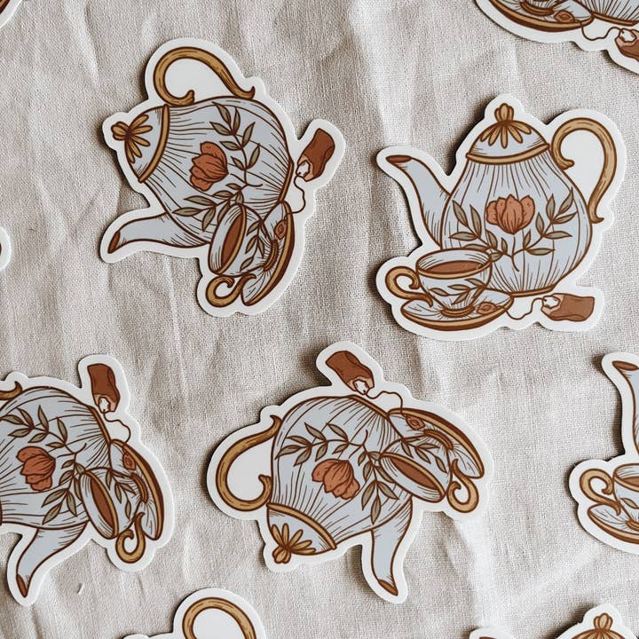 Flora West Design - Wholesale Sticker - Vintage Teapot and Teacup Vinyl Sticker Tea Party!2