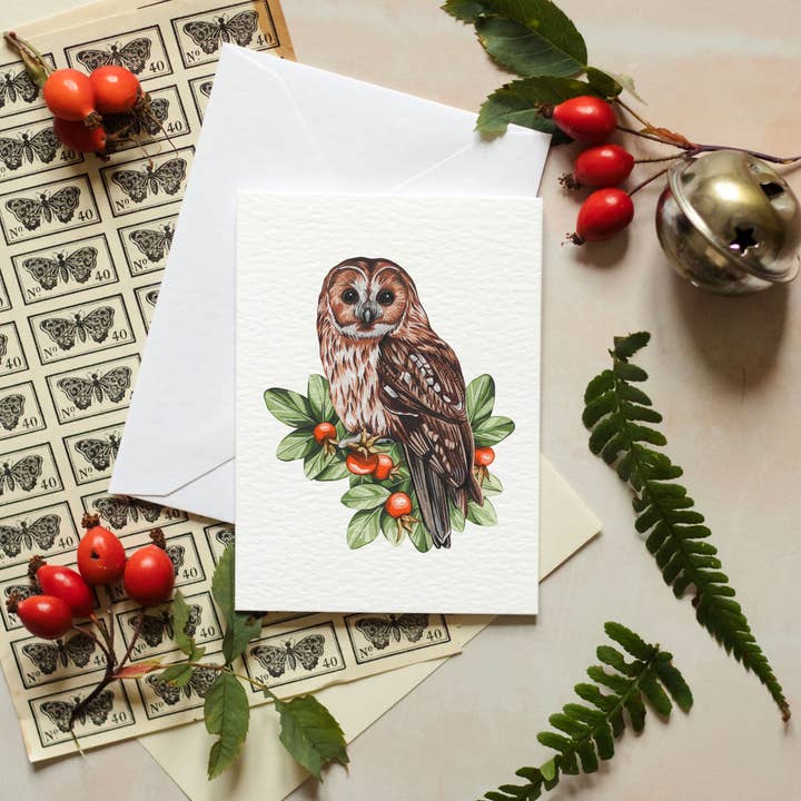 Mini Festive Owl Watercolour Sustainable Greetings Card for wholesale by Sophie Brabbins
