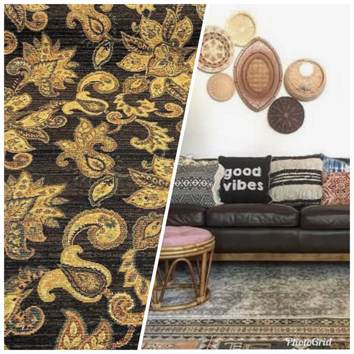 Designer Kilim Rug Inspired Floral Upholstery Chenille Fabric- Black for wholesale by Fancy Styles Fabric