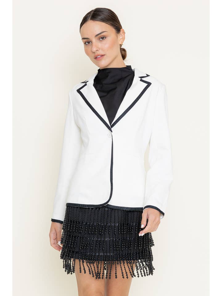 WHITE BLACK CLASSY PREPPY CHIC COLORBLOCK CONTRAST TRIM BLAZER-OI6527FO for wholesale on Faire2