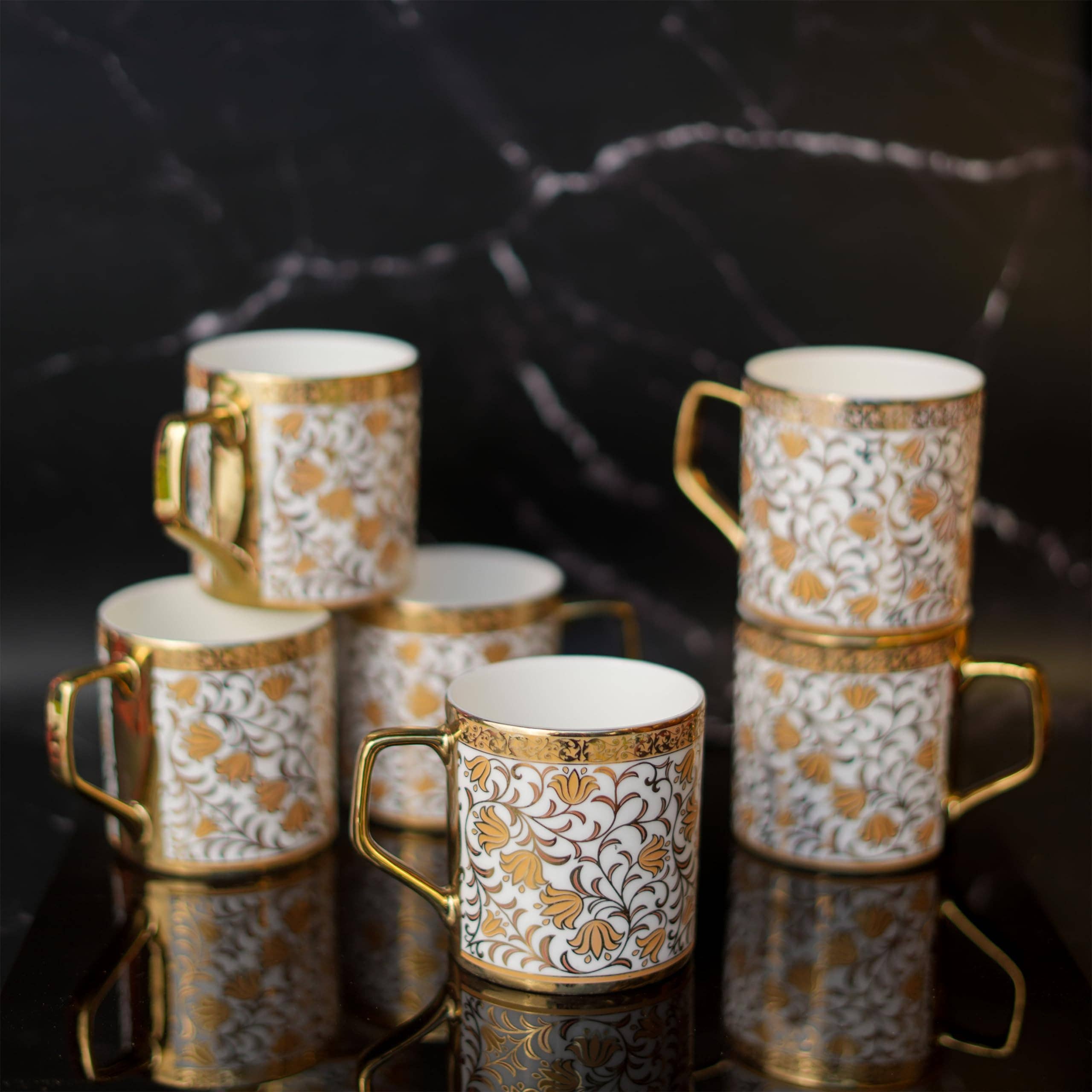 Femora - Wholesale Tea Set - Femora Turkish Floral Pattern Gold Ceramic Tea Cups |6.09 Oz7