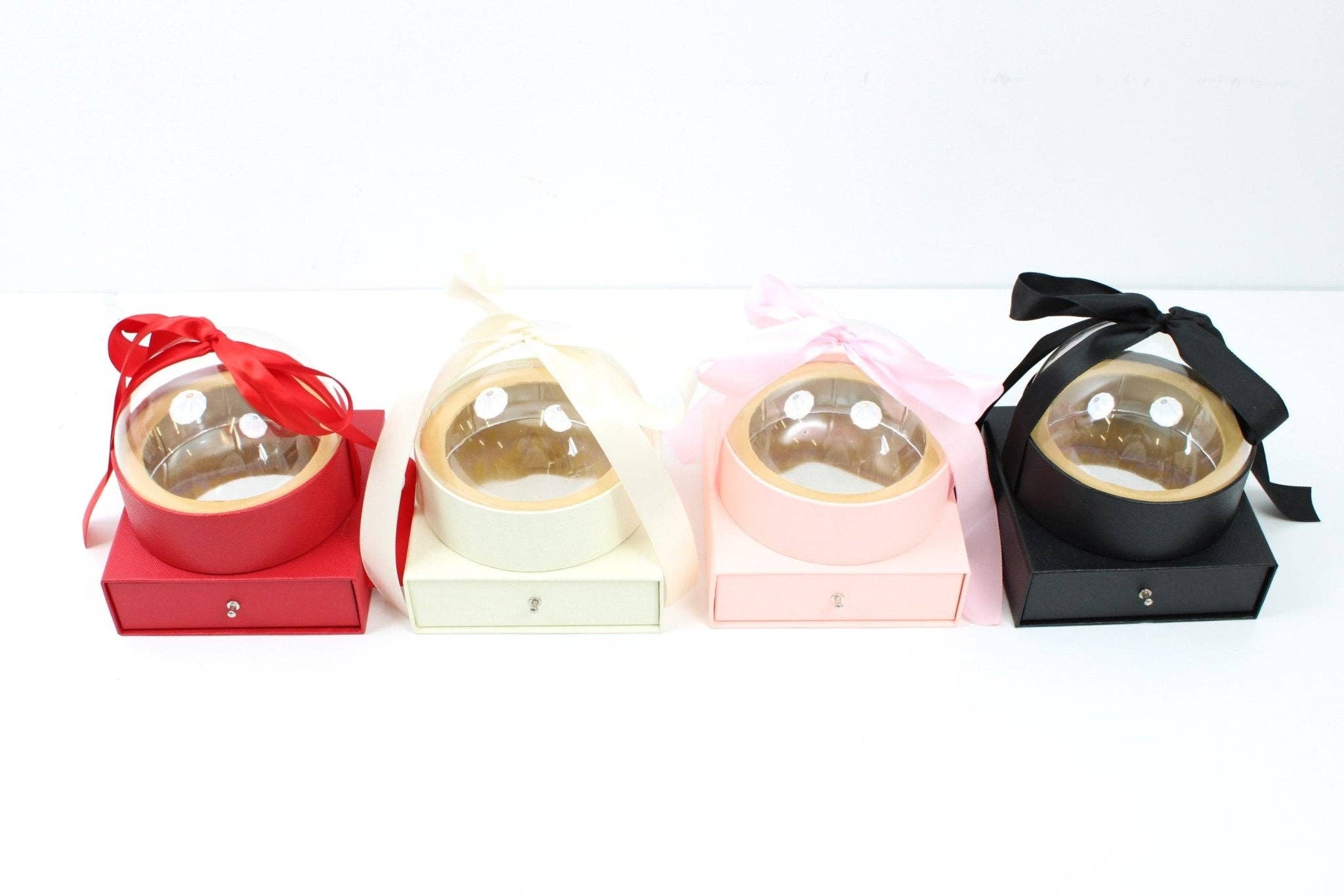 Elegant Design Supply - Vendita all'ingrosso Confezioni regalo - Scatola regalo rotonda 'Round Globe' con coperchio trasparente, fiore e cassetto, con nastro4