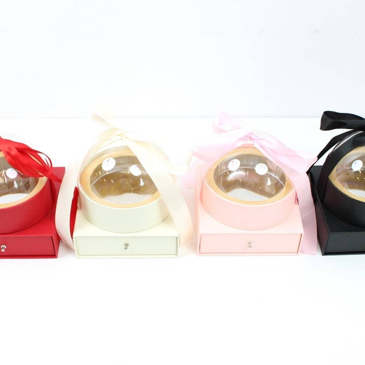 Elegant Design Supply - Vendita all'ingrosso Confezioni regalo - Scatola regalo rotonda 'Round Globe' con coperchio trasparente, fiore e cassetto, con nastro4