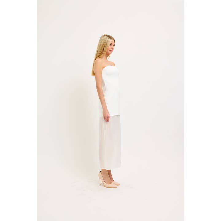 OFF WHITE CONTRAST SKIRT DETAIL STRAPLESS NECKLINE COLUMN MAXI DRESS for wholesale on Faire