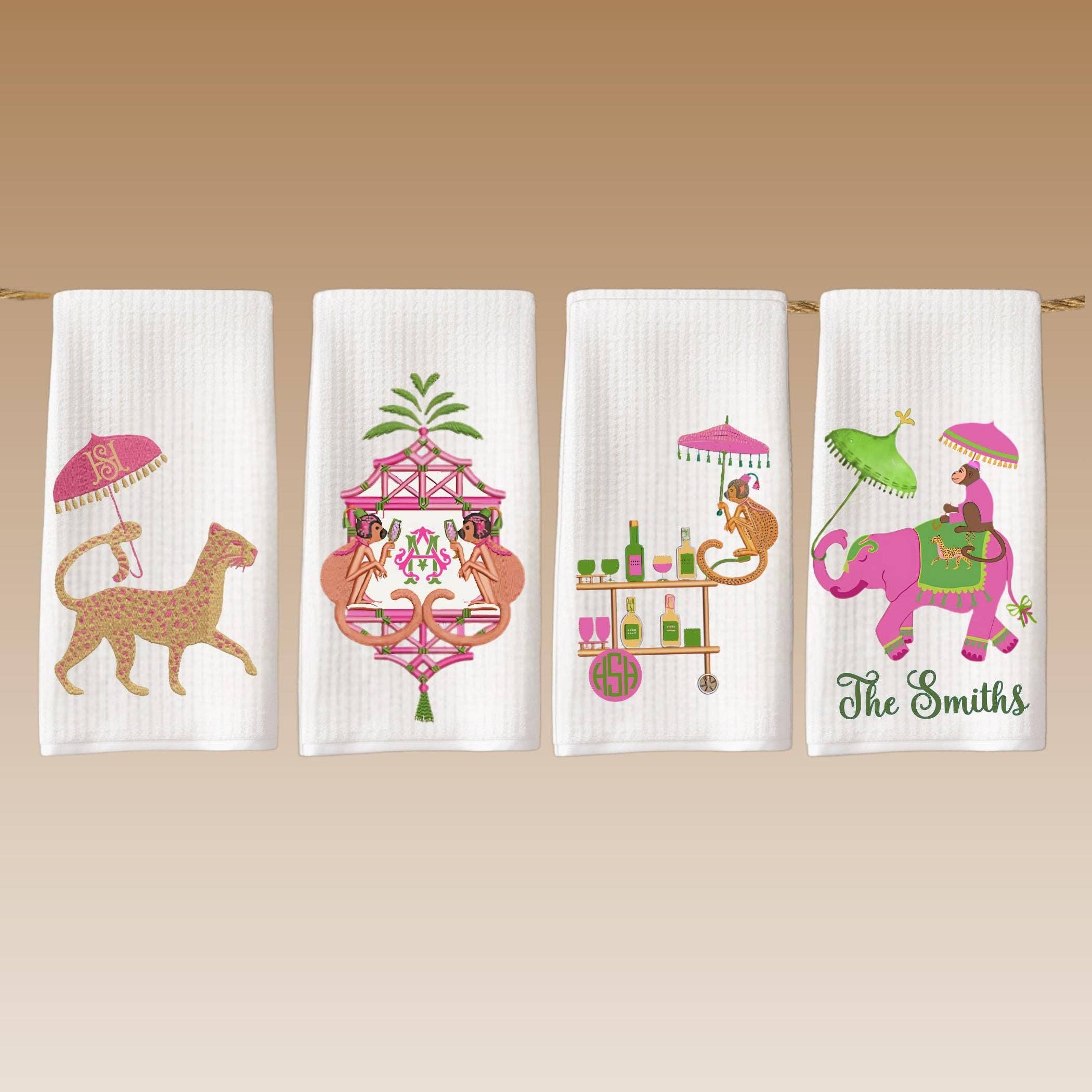 Cottage & Club - Wholesale Tea Towel - Preppy Palm Beach Monkey Pagoda Bar Cart Leopard Elephant Tea Towel Set | Colorful Waffle Weave Towels - Monogram Gift Personalize Options0