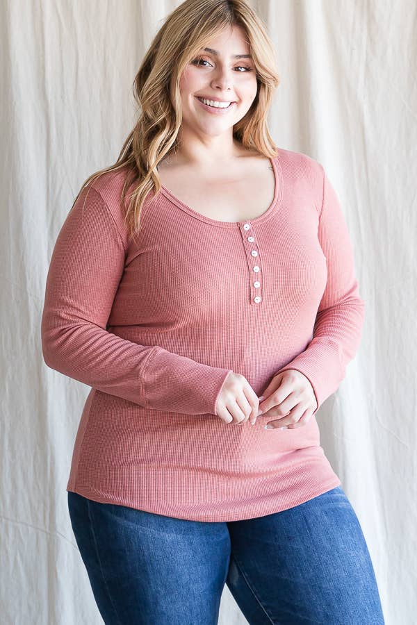7th Ray - Wholesale Knit Top - Women's - [PLUS SIZE] Thermal Button Front Scoop Neck Top T4316XL21