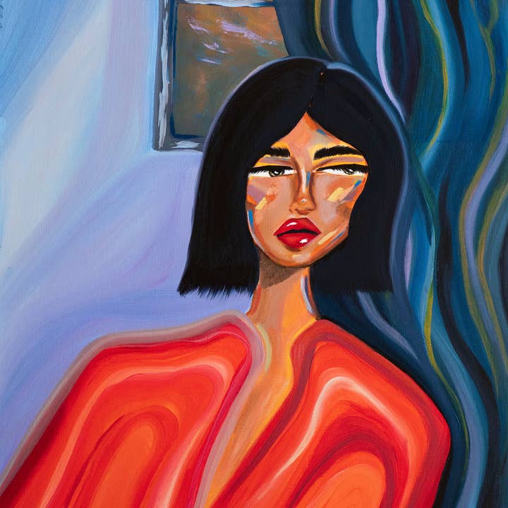 Blue and Red Moody Office Girl Fine Art Print for wholesale by Aim Straley Art