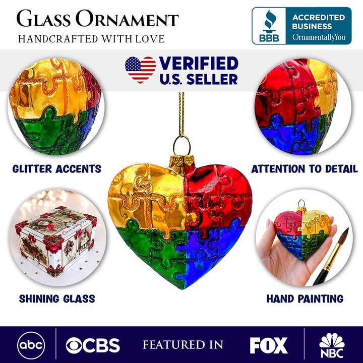 OrnamentallyYou – wholesale Ornament – Sentimental Autism Heart Puzzle Glass Christmas Ornament
