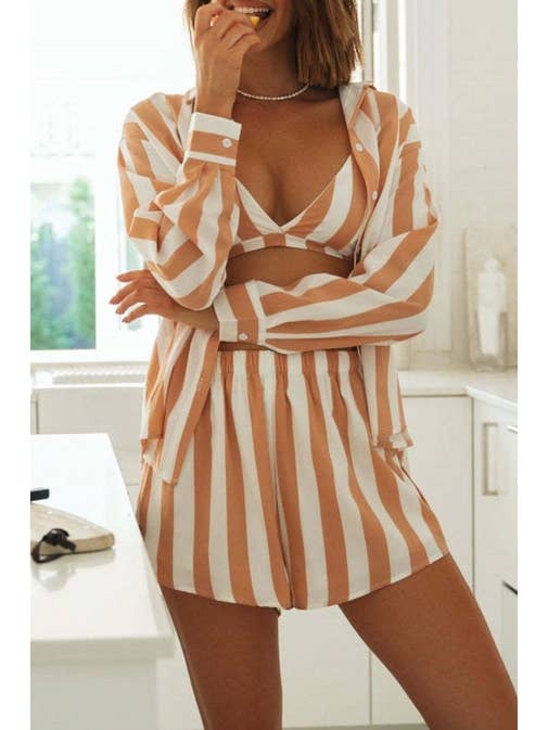 Orange Ladies Stripe Top and Shorts Daily 3PCS Set SKST1704 for wholesale on Faire4