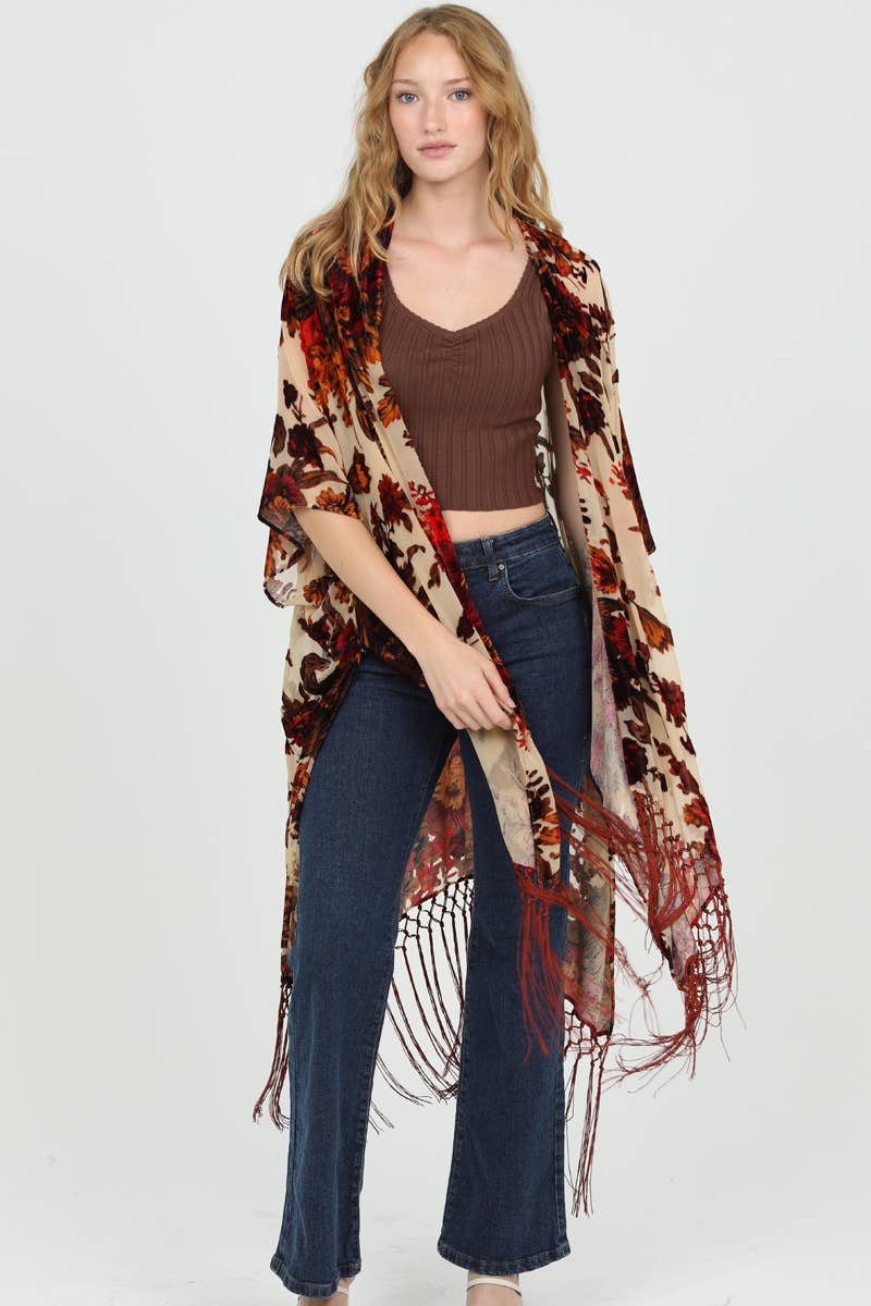 ANGIE - Vente Kimono – femme - Kimono à ourlet à franges en velours burnout3