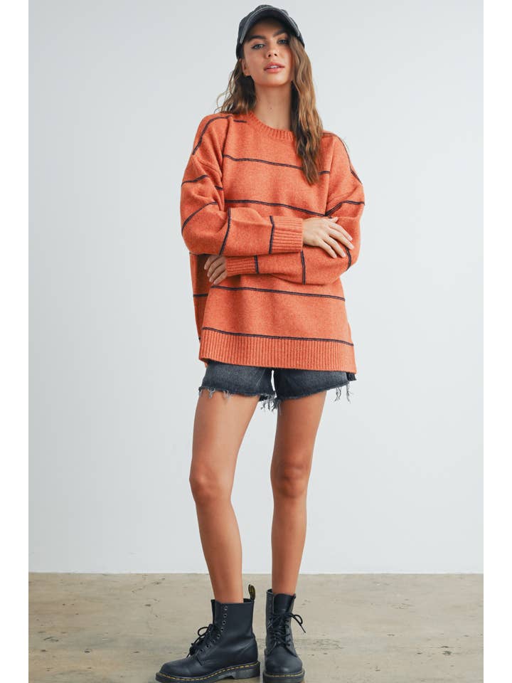 BUTTERMELON - Wholesale Knitted jumper – Women′s - Striped Pattern Drop Shoulder Sweater - BMW742126