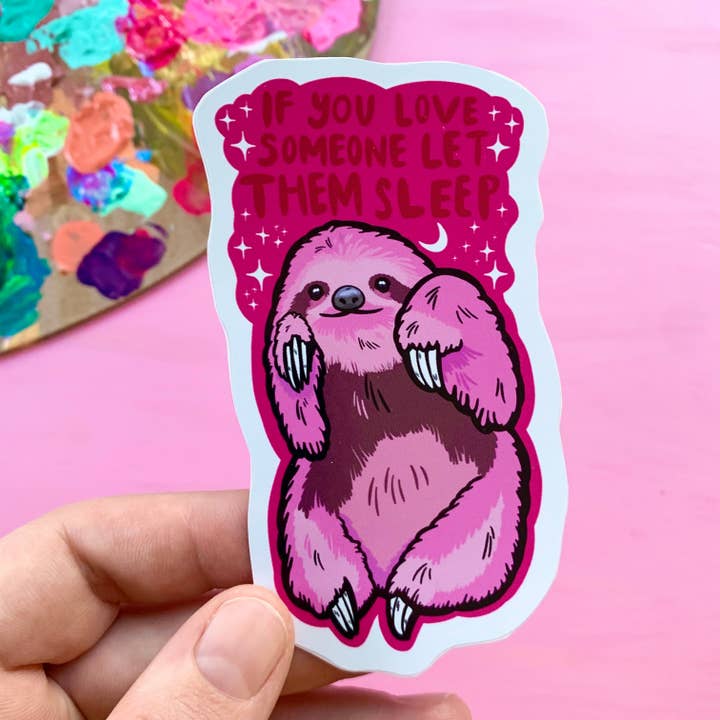 Pink Sloth Sticker Weird Decal Funny Sleep Dry Humor Sarcastic Unhinged Sticker Laptop Car Window for wholesale by Eska and the Alpenglow