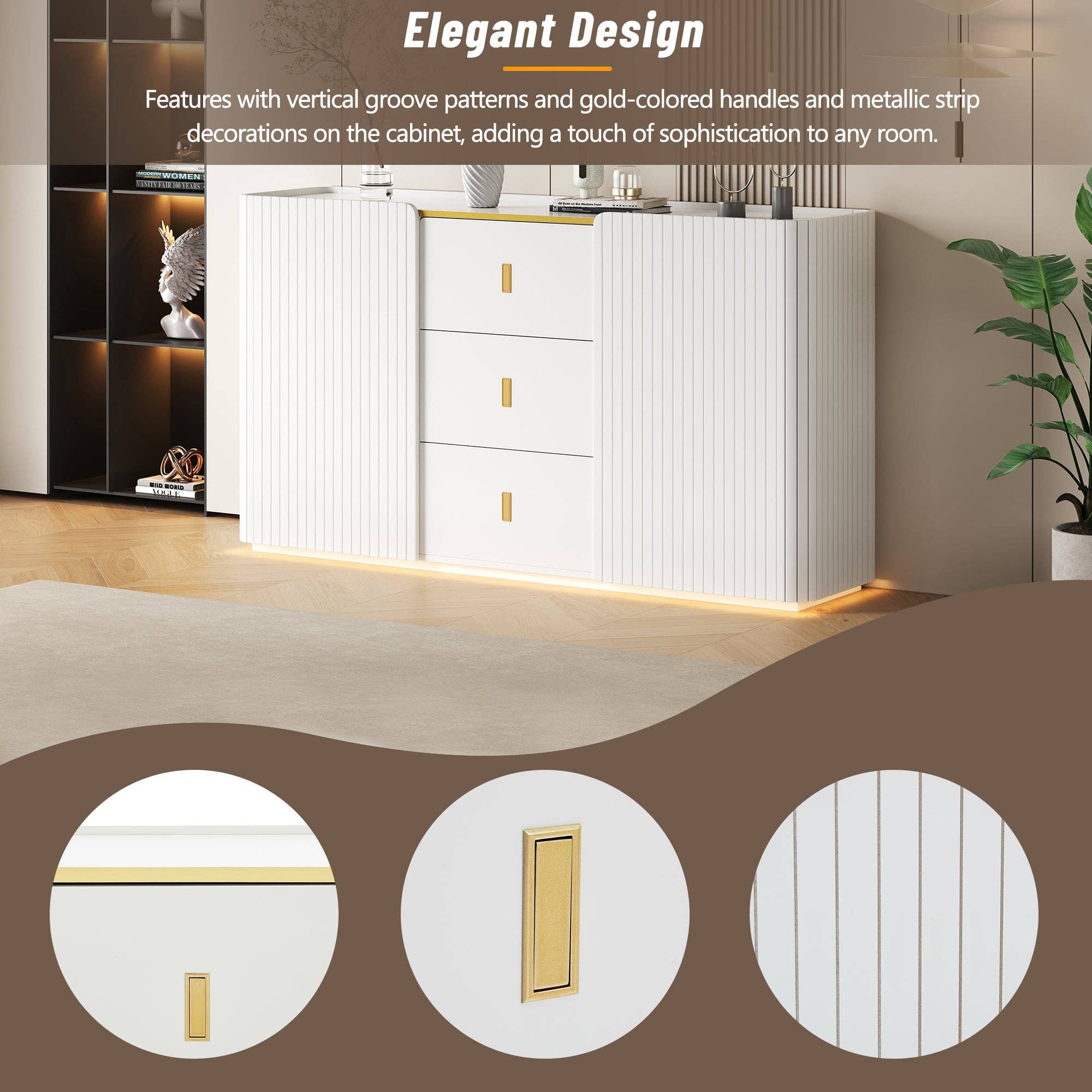 Urban Meuble – Aparador por atacado – Buffet branco elegante 2 portas, 2 gavetas com iluminação LED 150*35*80cm KRAUDREL58