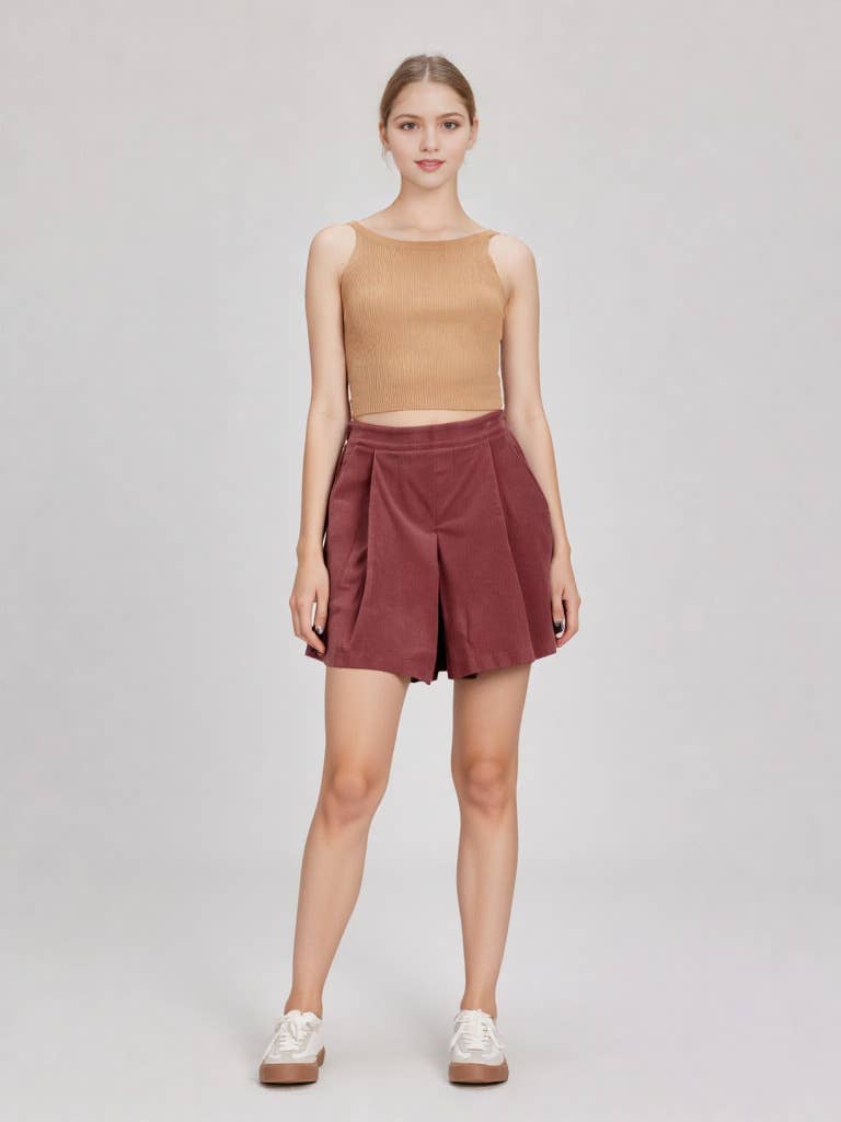 VERY J - Wholesale Skort - Women's - NP70121-Pleated Solid Corduroy Skort Shorts16