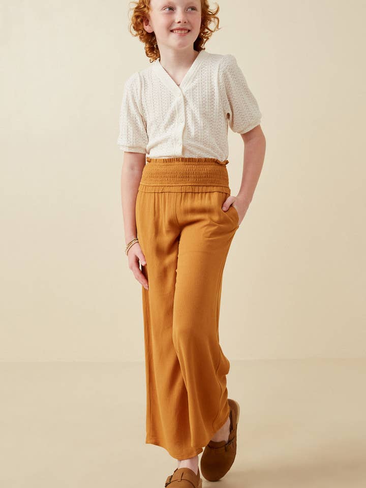 Camel Girls Smocked Waist Wide Leg Pants for wholesale on Faire3