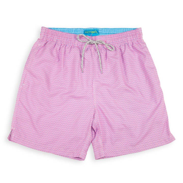 Men's Mesh Liner Swim Trunks - Wave Print Coral/Turquoise for wholesale by Let's Get This Thread