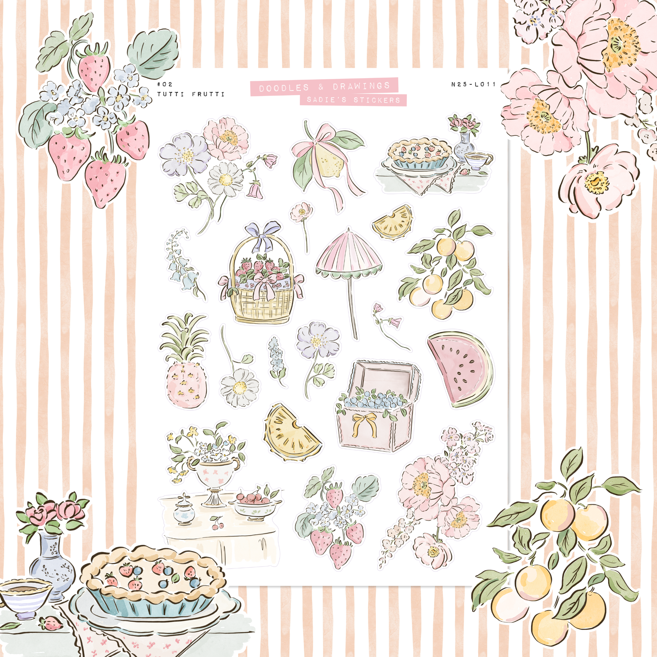 Sadie's Stickers - Venta al por mayor Pegatina - Tutti Frutti • Hoja de Pegatinas Decorativas de Garabatos y Dibujos0