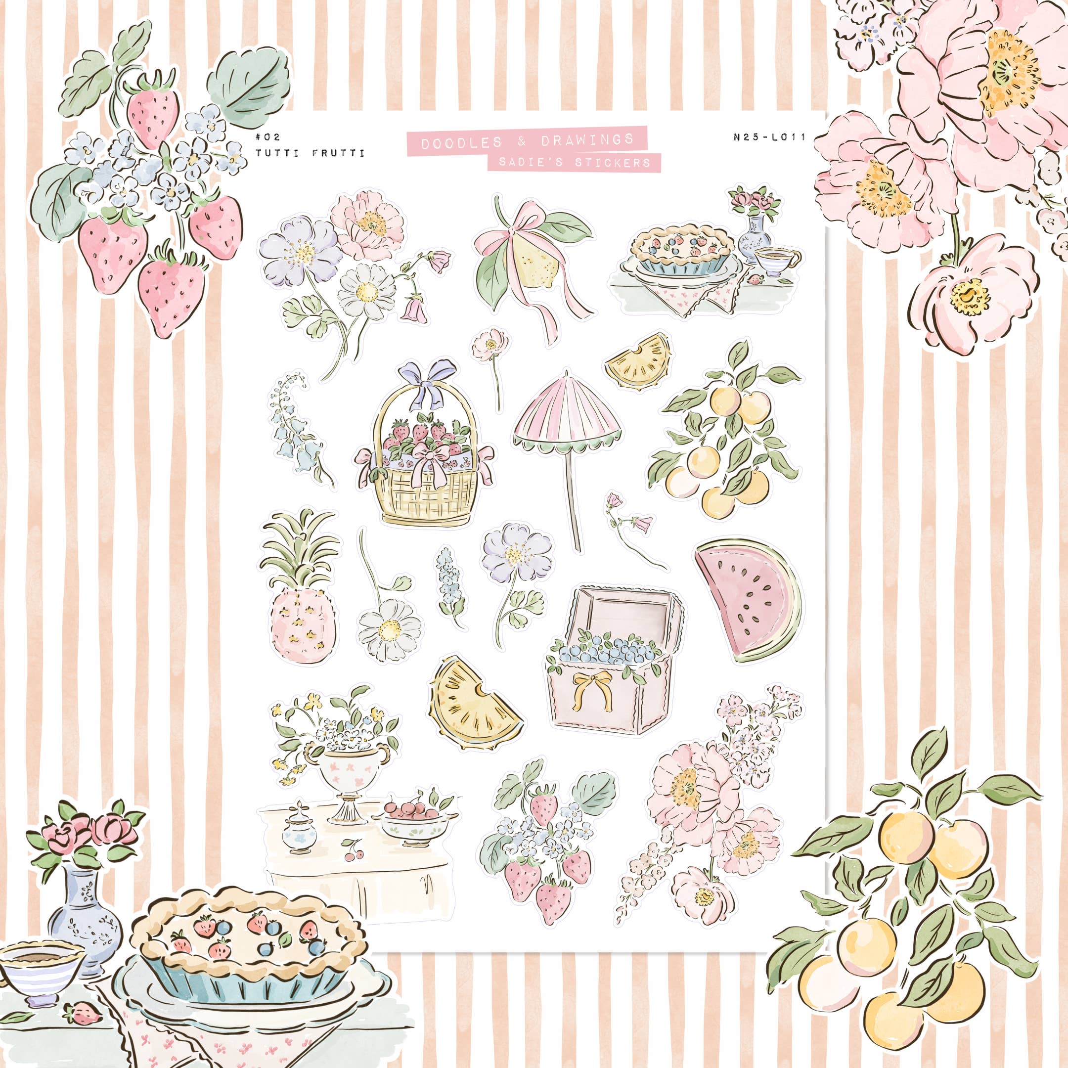 Sadie's Stickers - Venta al por mayor Pegatina - Tutti Frutti • Hoja de Pegatinas Decorativas de Garabatos y Dibujos